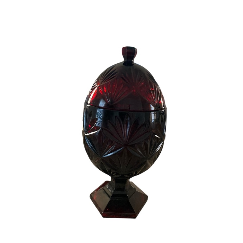 Vintage Luminarc Ruby Red Egg Shaped Pedestal  Candy Dish Lidded Bowl